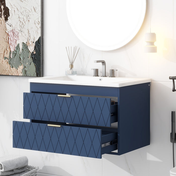 30" Wall Mounted Bathroom Vanity With Resin Sink, Floating Bathroom Storage Cabinet With 2 Drawers, Solid Wood Bathroom Cabinet - Navy Blue