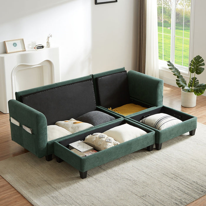 Upholstered L Shaped Sectional Sofa With Storage, Movable Ottoman, And 6 Throw Pillows