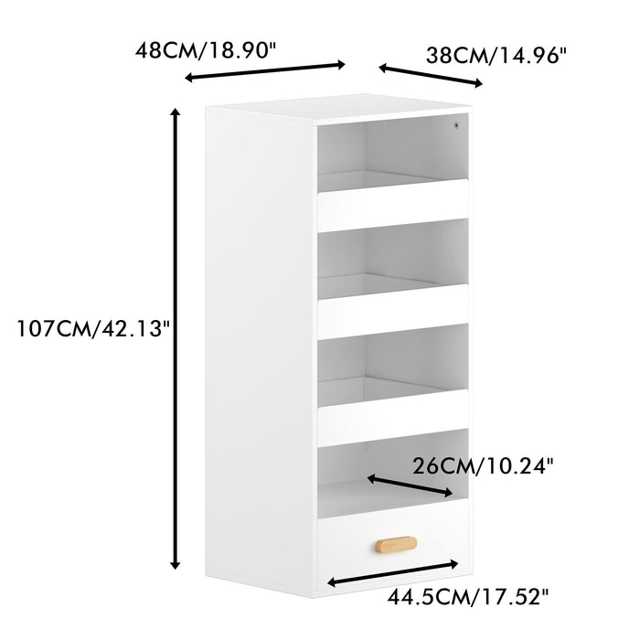 4 Tier Freestanding Bookshelf With 3 Sliding Drawers And 1 Bottom Drawer - White