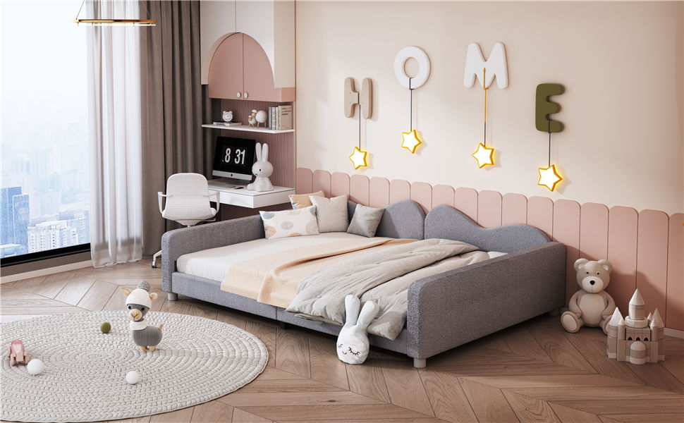 Upholstered Daybed, Sherpa Fabric Sofabed With Cloud-Shaped Backrest