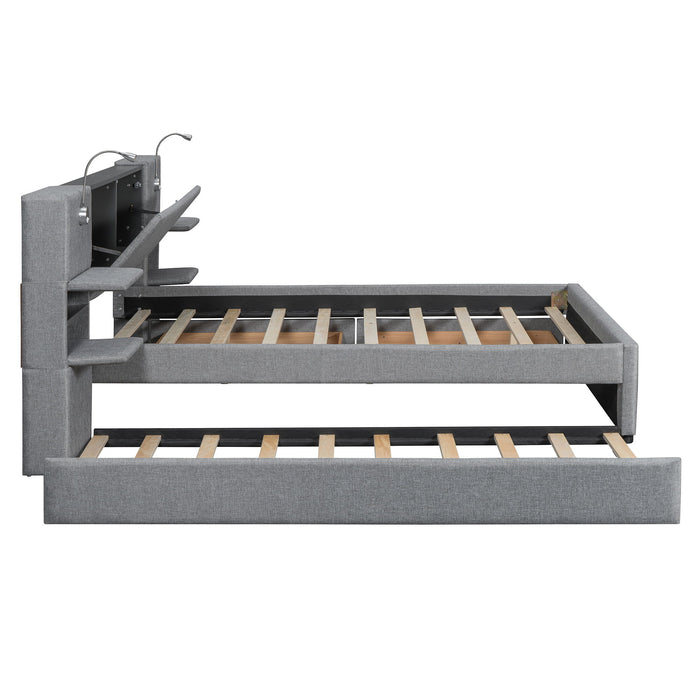 Upholstered Platform Bed With Reading Lights, Drawers, Trundle And Shelves