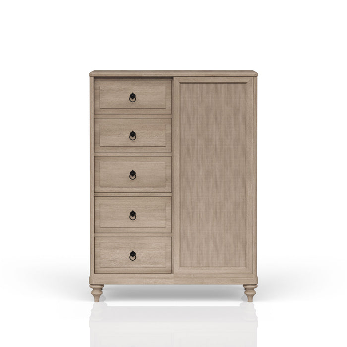 Queen Canopy Bedroom Set With A 2 Drawer Nightstand A Modern Dresser With Poster Mirror And A Door Chest - Sand