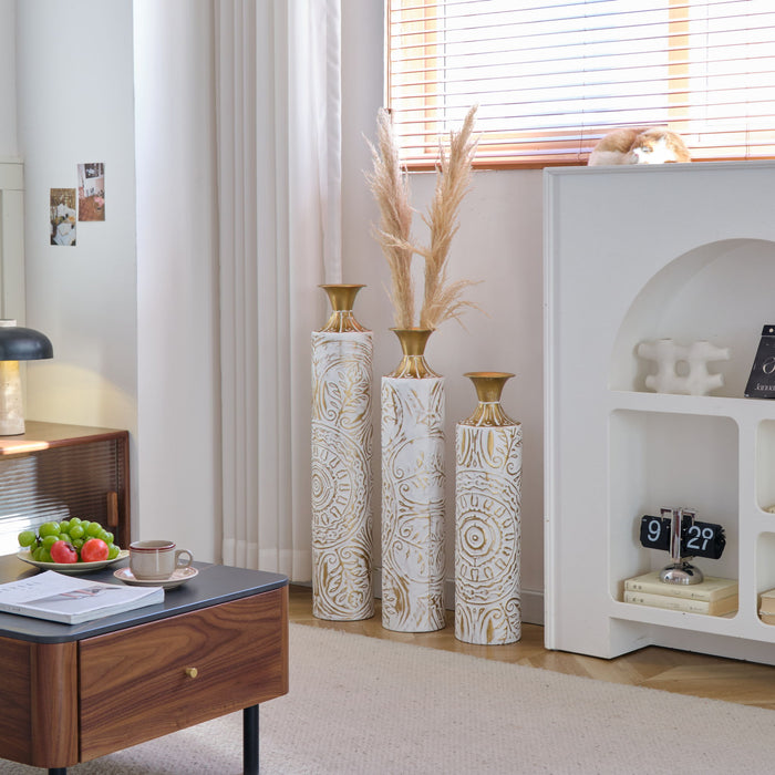 Floor Metal Vases Decorated Metal Vases (Set of 3) Gorgeous Home Decoration Large Glazed Metal Vases - White / Gold