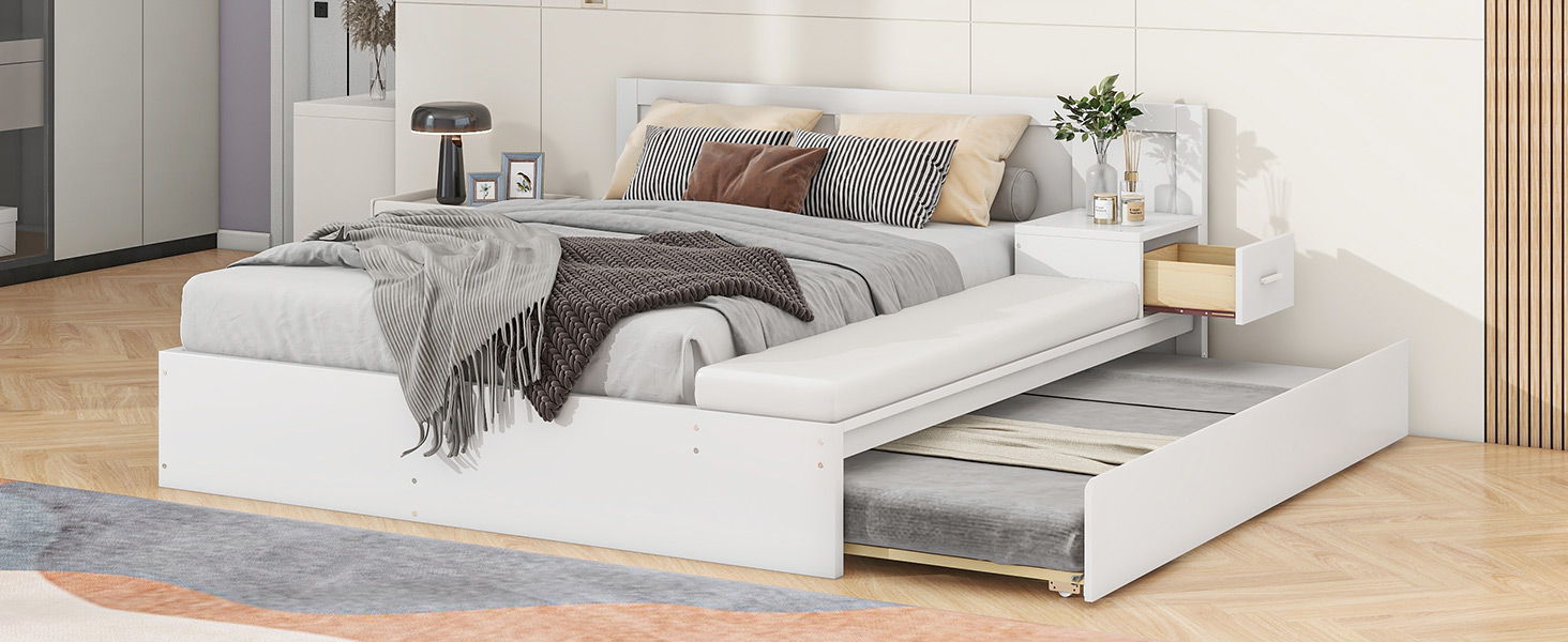 Full Size Wood Storage Hydraulic Platform Bed With Twin Size Trundle, Side Table And Lounge, White