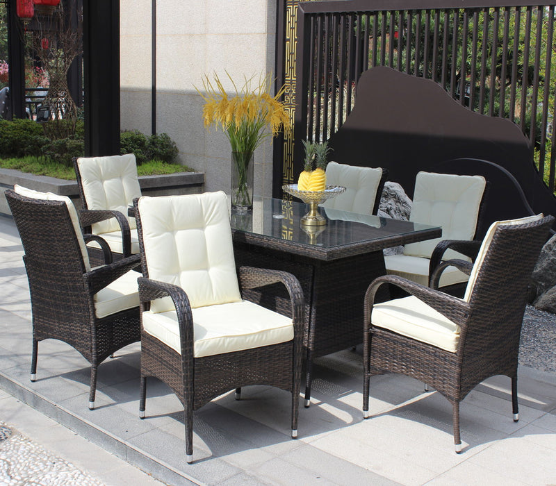Patio 7 Piece Rectangular Dining Set With 6 Dining Chairs (Brown & Beige Cushion)