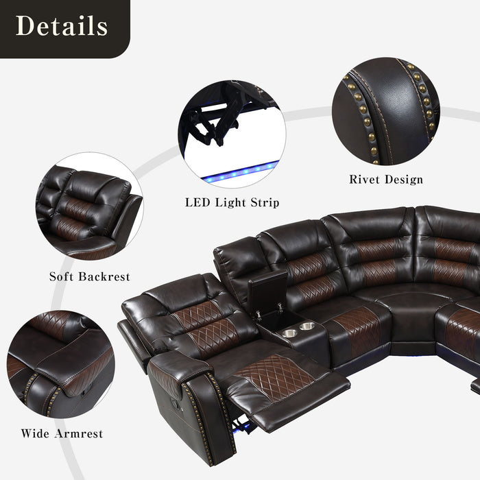 Manual Reclining Sectional Sofa Set, L Shaped Symmetrical Motion Sofa Corner Couch Sets With Storage Boxes, 4 Cup Holders And LED Light Strip For Living Room