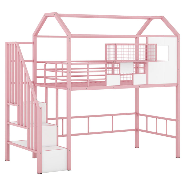 Metal Loft Bed With Roof Design And Storage Box With Guardrails And Integrated Ladder