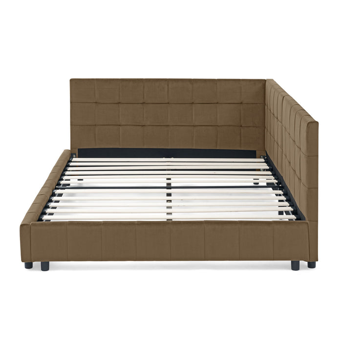 Upholstered Bed Frame With Tufted Backrest And Armrests