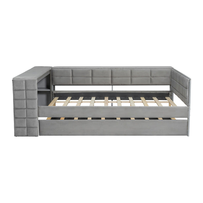 Upholstered Platform Bed With Storage Shelves, Desk, Charging Station And Trundle