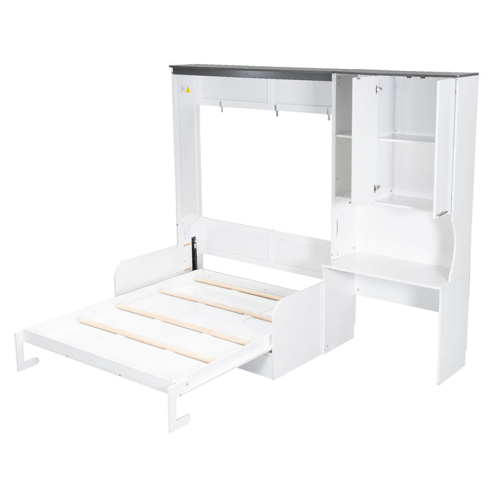 Multi Functional Murphy Bed With Sofa, Desk, And Storage Cabinet, Queen Size - White