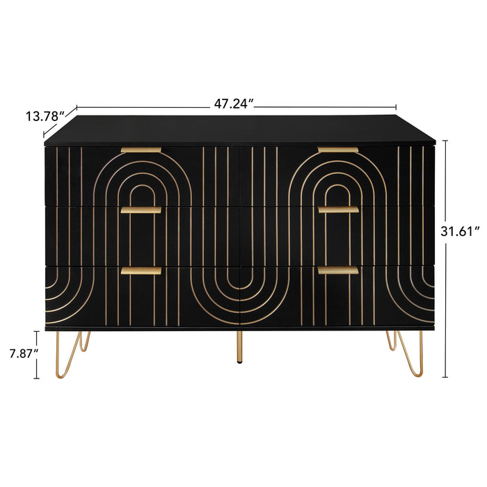 Modern 6 Drawer Dresser, Modern Dresser With Metal Handles, Storage Chest Of Drawer, Wide Dresser Drawer Organizers With Carving Design For Bedroom, Living Room, Hallway - Black