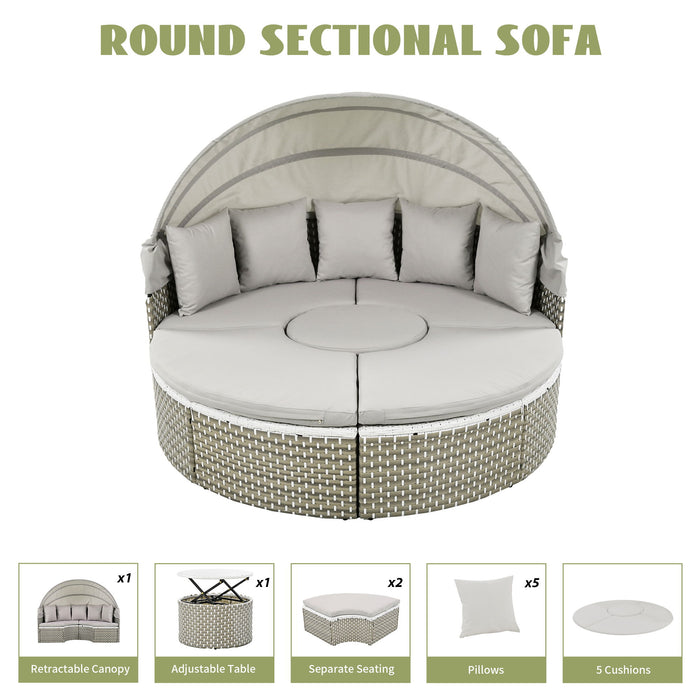Topmax Patio Furniture Round Outdoor Sectional Sofa Set Rattan Daybed Two-Tone Weave Sunbed With Retractable Canopy, Separate Seating And Removable Cushion, Gray