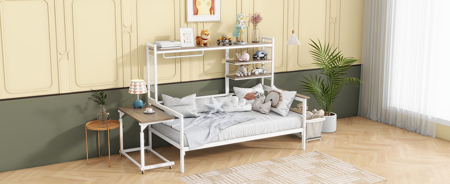 Daybed With Movable Desk, Grid, Shelves And Clothes Hanger