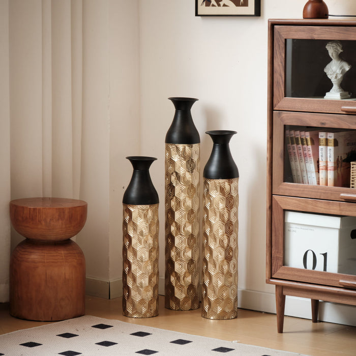 Floor Metal Vases (Set of 3) Gorgeous Home Decoration Large Glazed Metal Vases - Black / Gold