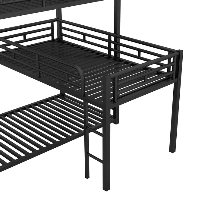 L-Shaped Triple Twin Size Bunk Bed, Industrial Design With Integrated Ladder And Full Length Guardrails - Black