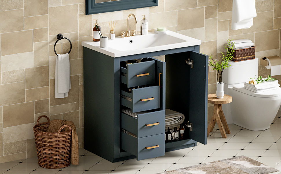 Ceramic Sink Combo, Freestanding Vanity Set With 3 Drawers & Soft Closing Doors