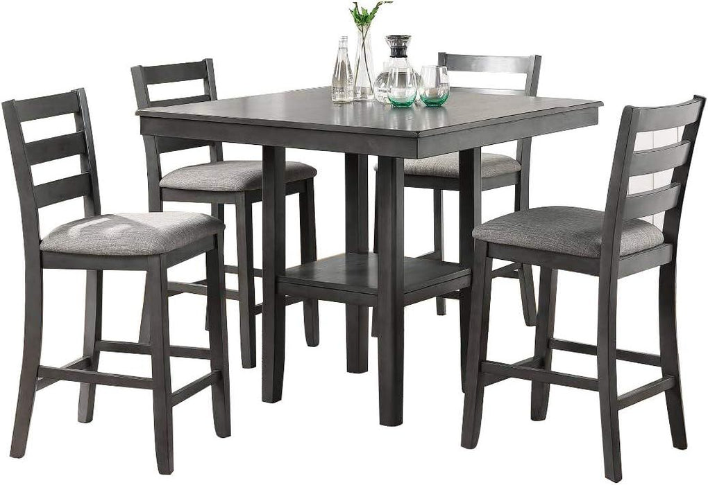 Classic Dining Room Furniture Gray Finish Counter Height 5 Piece Set Square Dining Table Shelves Cushion Seat Ladder Back High Chairs Solid Wood