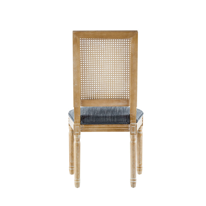 French Country Dining Chair With Rectangular Cane Backrest And Smooth Upholstered Seating