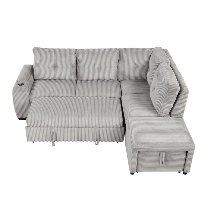 Pull-Out L-Shaped Sectional Sofa With Movable Ottoman And Stool, Large Storage Space, A Cup Holder, And 2 USB Ports For Living Room