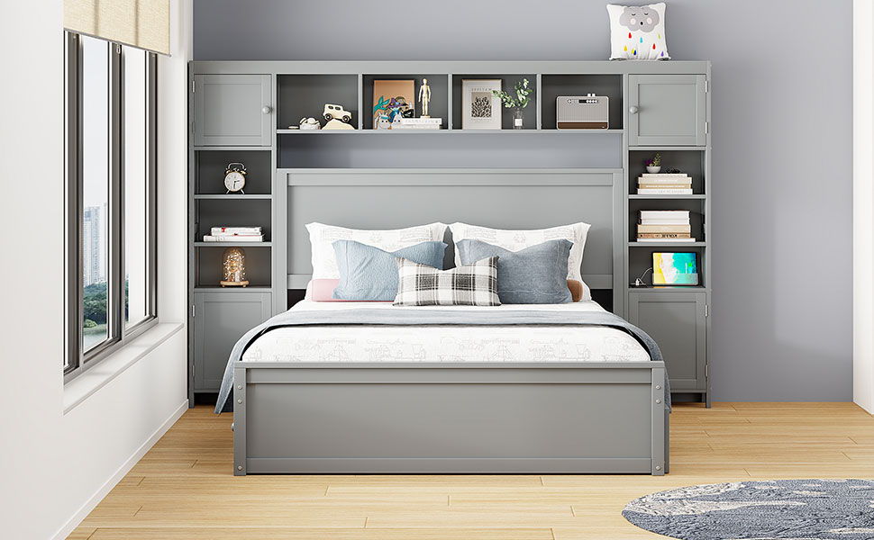 Bed With All In One Cabinet, Shelf And Sockets, Twin Long Trundle