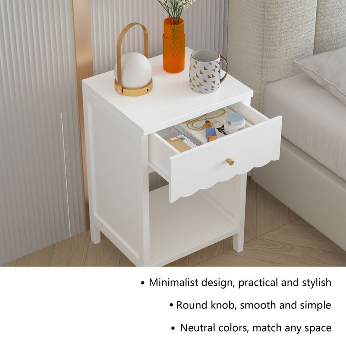 Nightstand With Drawer And Open Shelf, Scalloped Edge Bedside Table For Bedroom - White