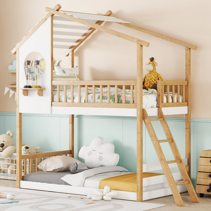 Twin Over Twin Bunk Bed Wood Bed With Roof, Window, Ladder, Natural (Old Sku :Lt100008Aad)