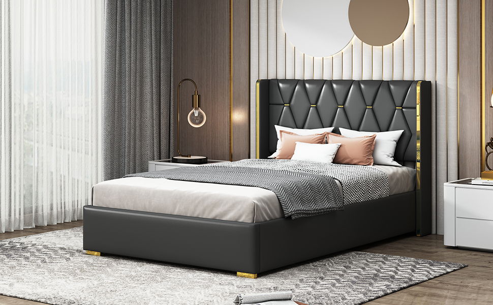 Upholstered Platform Bed With Strips - Black