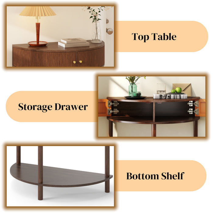 Boho Rattan Semi Circle End Table With Sliding Rattan Door, Storage And Bottom Shelf