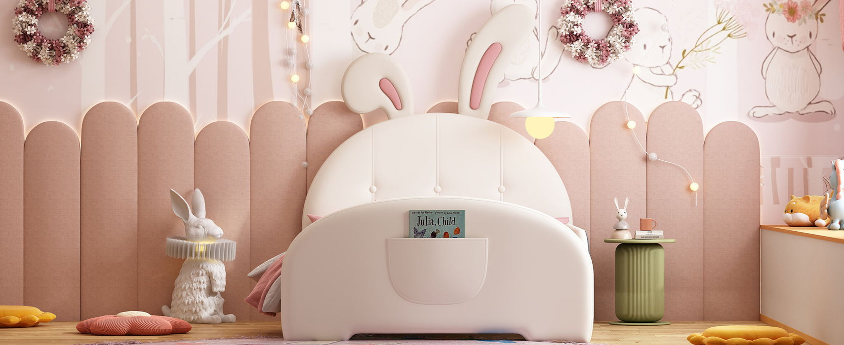 Upholstered Rabbit-Shape Princess Bed With Headboard And Footboard