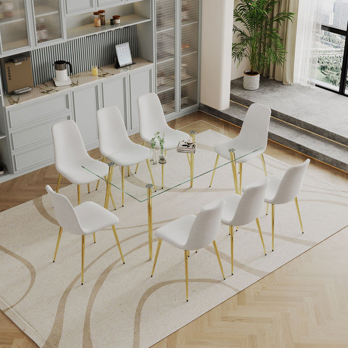 Dining Table (Set of 9) Tempered Glass Top Dining Table With Metal Legs And Eight Fabric Dining Chairs - Gold