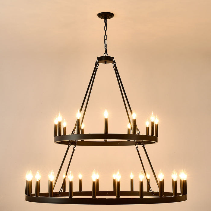 2 Tiers Wagon Wheel Chandelier Wooden Farmhouse 36 Light (24 / 12) Or (12 / 24) Metal Chandeliers 2 Story Light Fixtures Industrial For High Ceiling Living Dining Room Foyer, Adjustable Height - Black