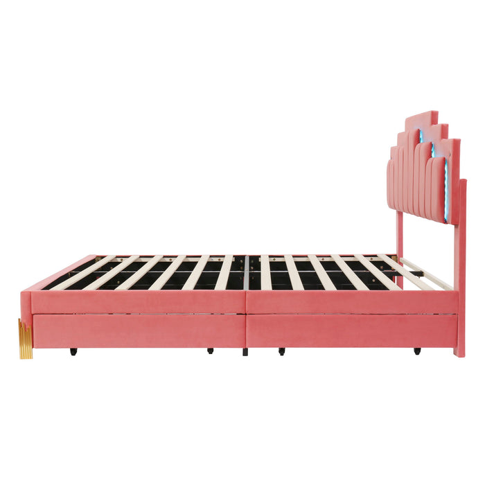 Queen Size Upholstered Platform Bed With LED Lights And 4 Drawers, Stylish Irregular Metal Bed Legs Design - Pink