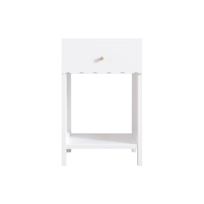 Nightstand With Drawer And Open Shelf, Scalloped Edge Bedside Table For Bedroom - White