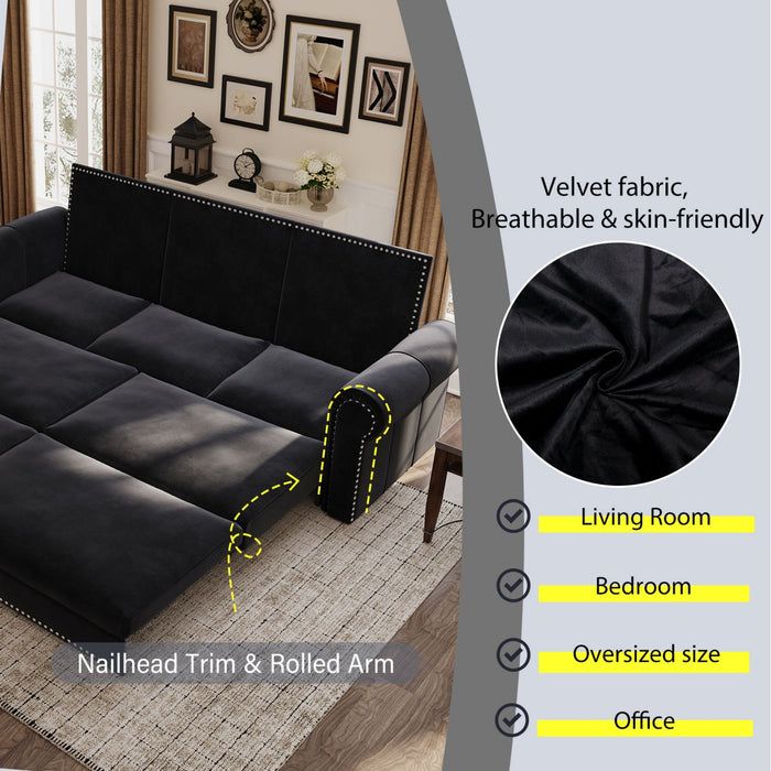 3 In 1 Convertible Sleeper Sofa With Nailhead Trim & Rolled Arm