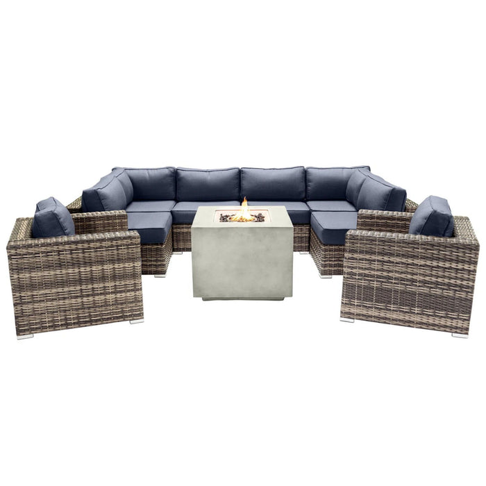 Premium 6 Person Wicker Patio Seating Group With Deep Cushions And Concrete Fire Pit - Gray Mix