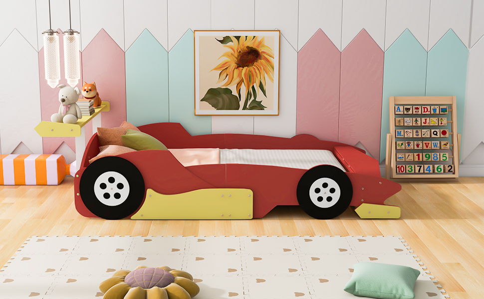 Race Car-Shaped Platform Bed With Wheels