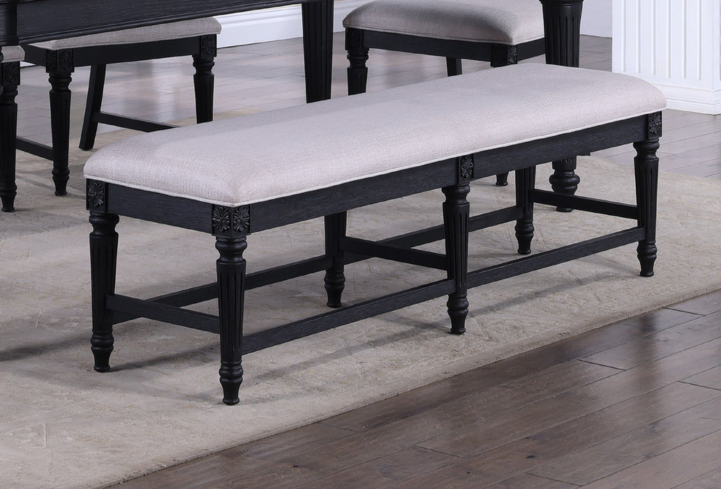 Beautiful Traditional Dark Brown Finish Bench Gray Upholstery Carved Legs Solid Wood Wooden Dining Room Furniture