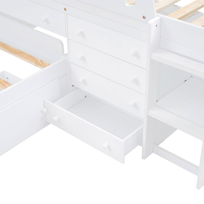 Loft Platform Bed With 7 Drawers And Full Guardrails, Modern L Shaped Space Savin