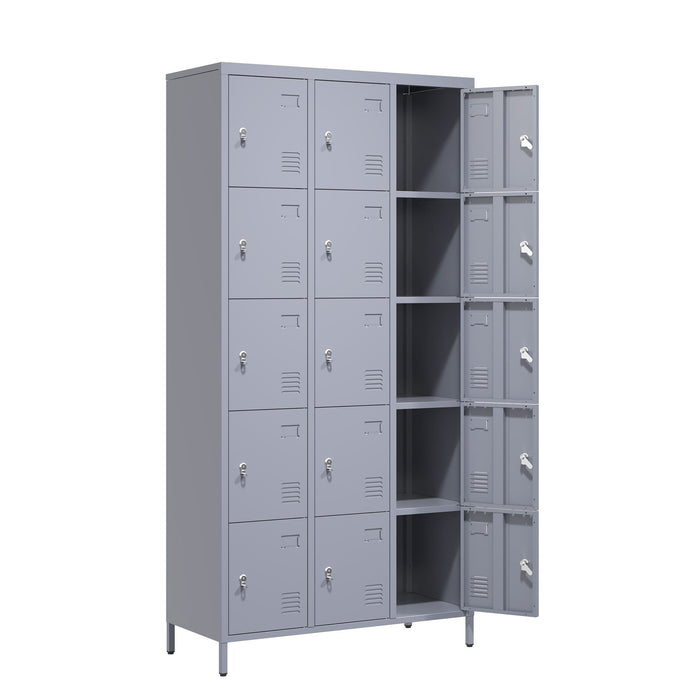 15 Door Lockers With Lock For Storage In Home, Gym, Office, And School - Gray