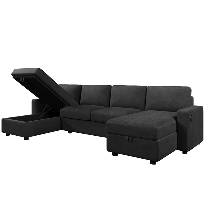 Convertible Sectional Sofa With Storage Chaise Lounges And USB Ports