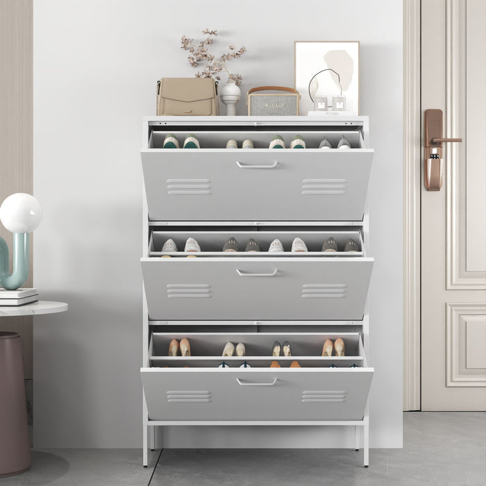 Modern Shoe Storage Cabinet With 3 Flip Drawers And Metal Frame For Entryway - Brushed Nickel