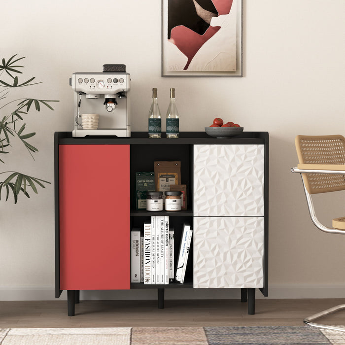 Modern Sideboard Buffet Cabinet With Red Doors And Unique Panel Styling