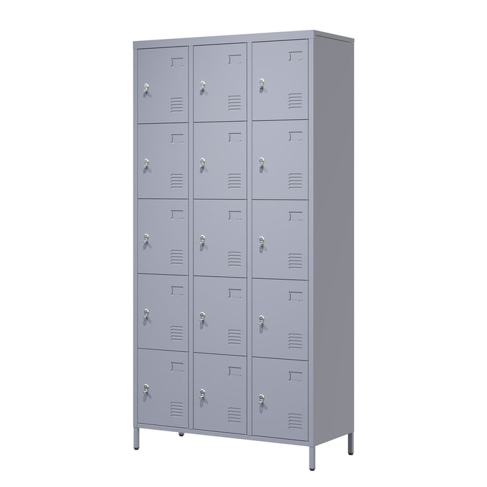 15 Door Lockers With Lock For Storage In Home, Gym, Office, And School - Gray