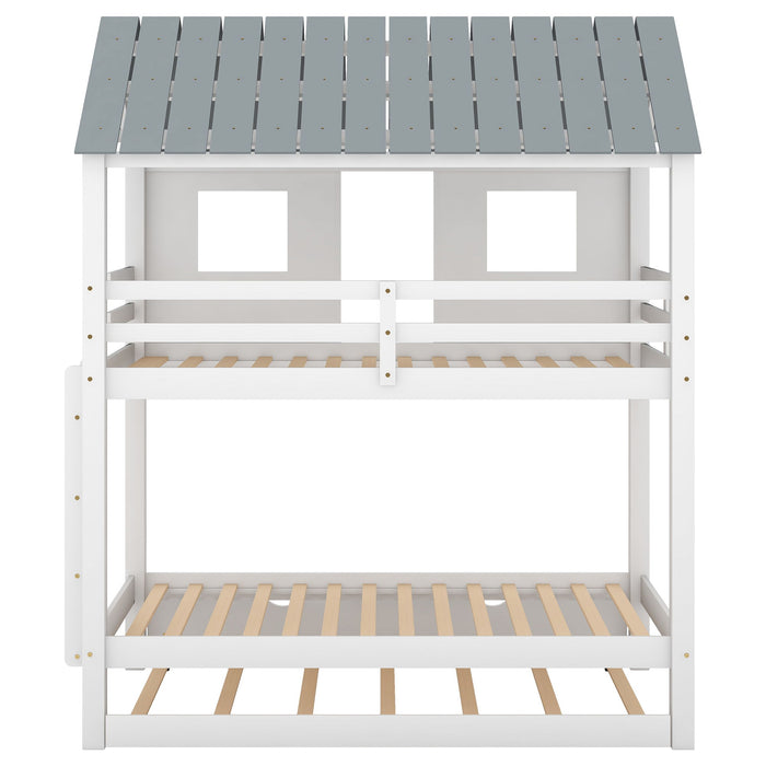 Twin Size House Bunk Bed With Trundle, Roof And Windows - White / Gray