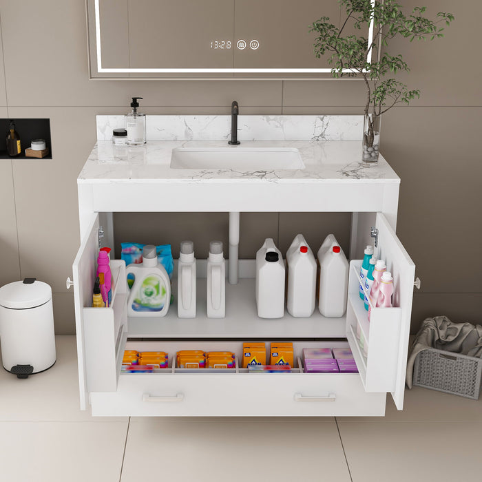43" Bathroom Vanity With Artificial Marble Carrara Top Set, Multi Functional Cabinet With Doors And Drawer - White