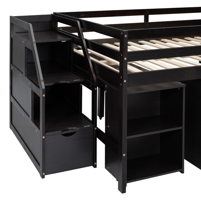 Loft Bed With Retractable Writing Desk And 3 Drawers With Storage Stairs And Shelves