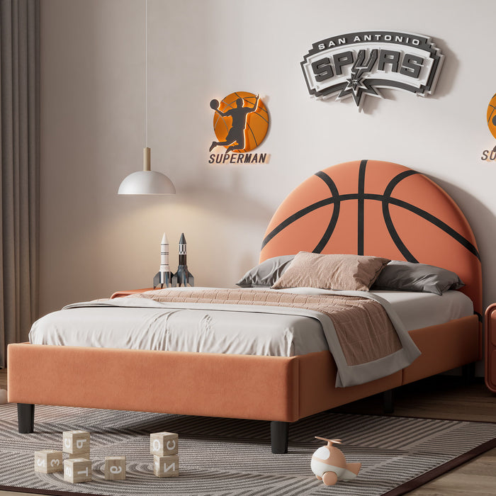 Basketball Design Upholstered Twin Platform Bed Sport Style Bed For Boys & Girls, Teens, Orange