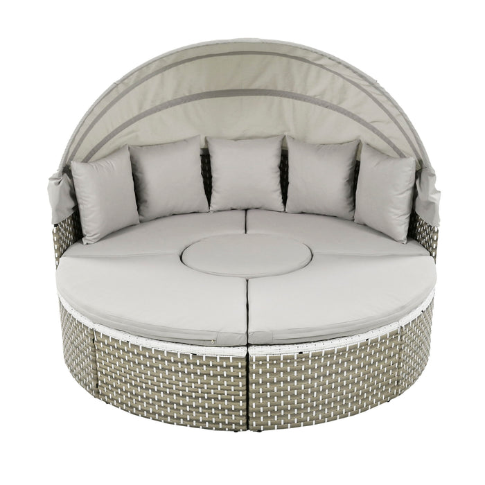 Topmax Patio Furniture Round Outdoor Sectional Sofa Set Rattan Daybed Two-Tone Weave Sunbed With Retractable Canopy, Separate Seating And Removable Cushion, Gray