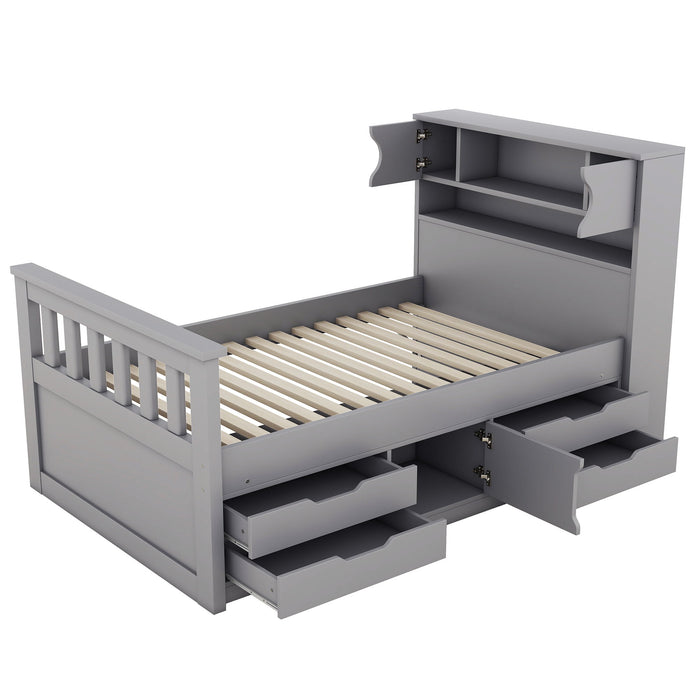 Captain Platform Bed Frame With Storage Bookcases, Shelves, And 4 Drawers