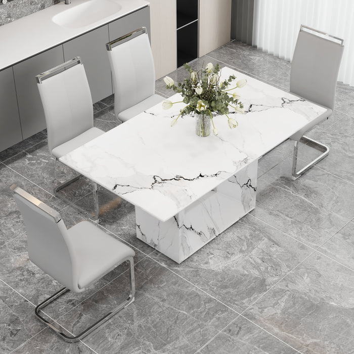 A Simple Dining Table. A Dining Table With A White Marble Pattern. 4 PU Synthetic Leather High Backrest Cushioned Side Chairs With C-Shaped Silver Metal Legs